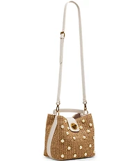 Betsey Johnson Raffia Pearl Turn Lock Bucket Bag