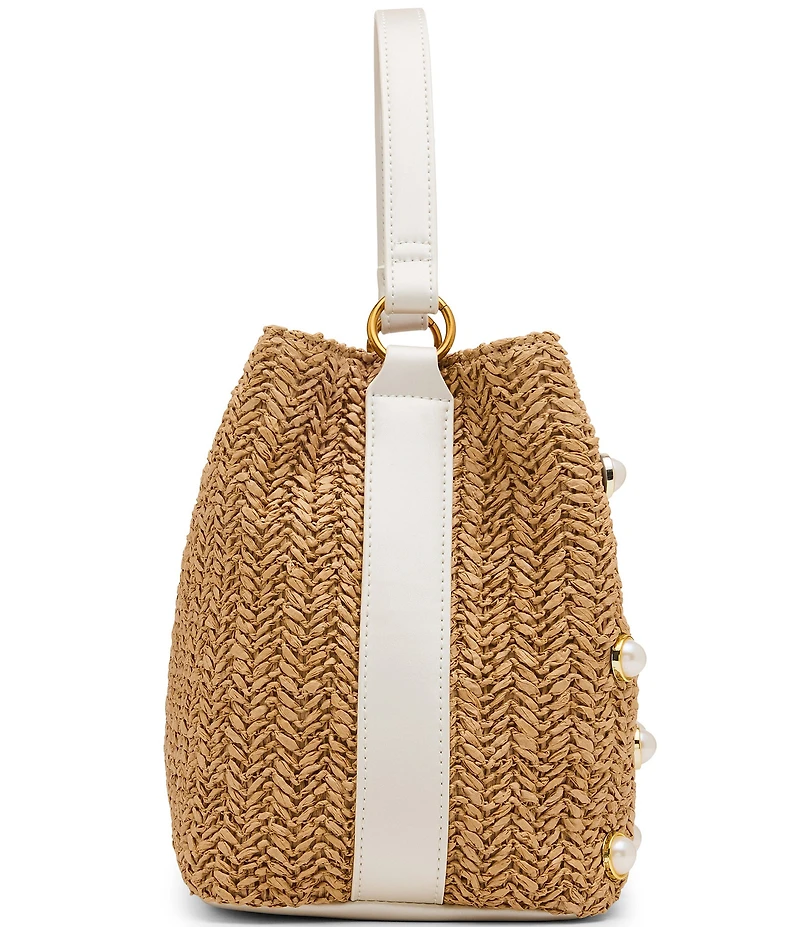 Betsey Johnson Raffia Pearl Turn Lock Bucket Bag