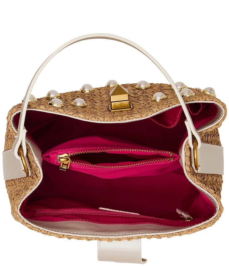 Betsey Johnson Raffia Pearl Turn Lock Bucket Bag