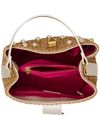 Betsey Johnson Raffia Pearl Turn Lock Bucket Bag