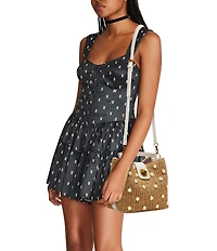 Betsey Johnson Raffia Pearl Turn Lock Bucket Bag