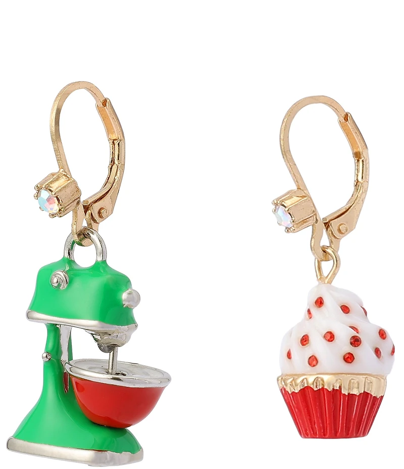 Betsey Johnson Santa Baby Christmas Cupcake Mixer Mismatched Drop Earrings