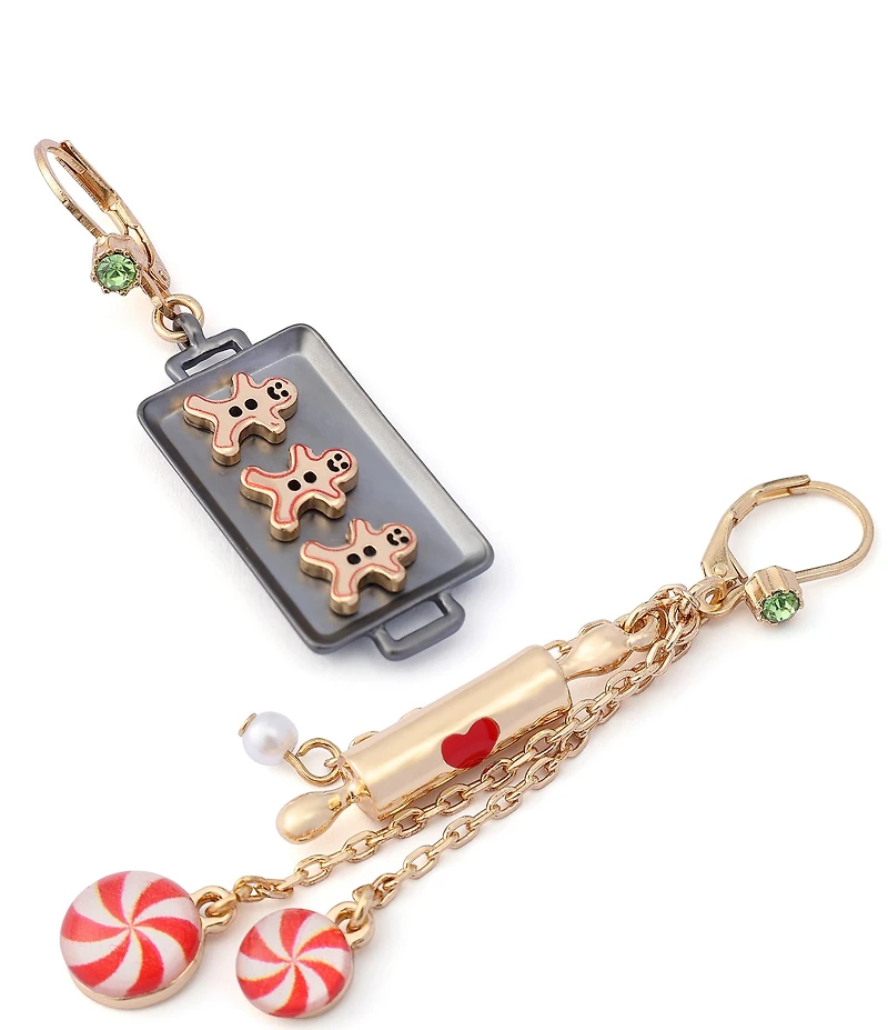 Betsey Johnson Santa Baby Christmas Gingerbread Cookie Mismatched Drop Earrings