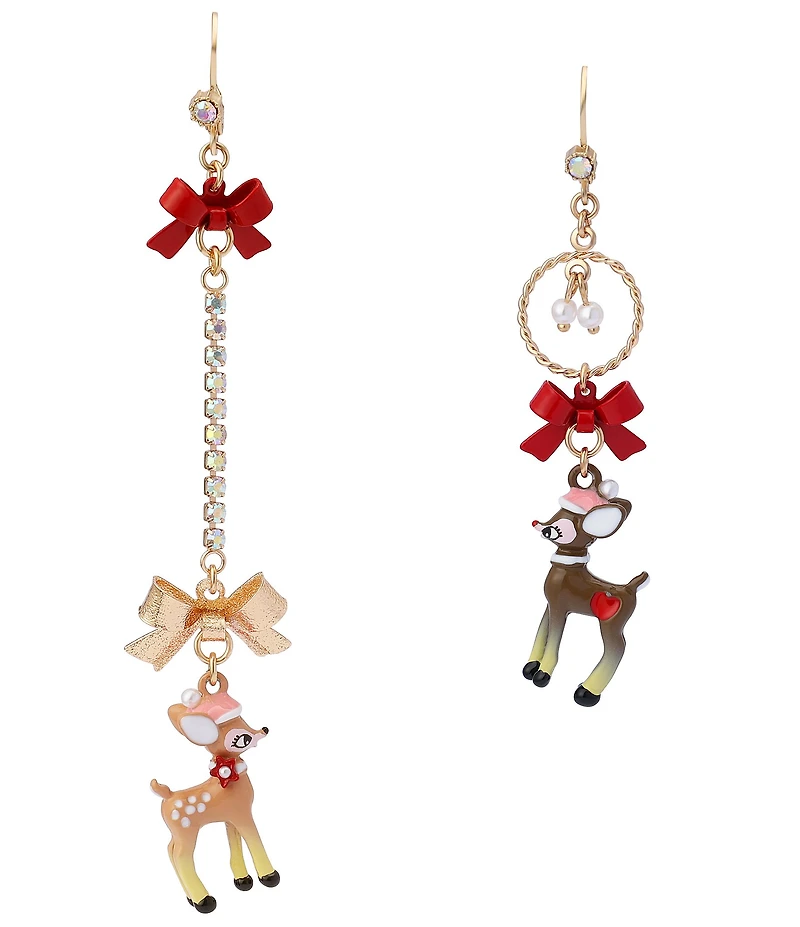 Betsey Johnson Santa Baby Christmas Reindeer Bow Mismatched Drop Earrings