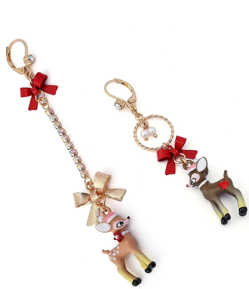 Betsey Johnson Santa Baby Christmas Reindeer Bow Mismatched Drop Earrings