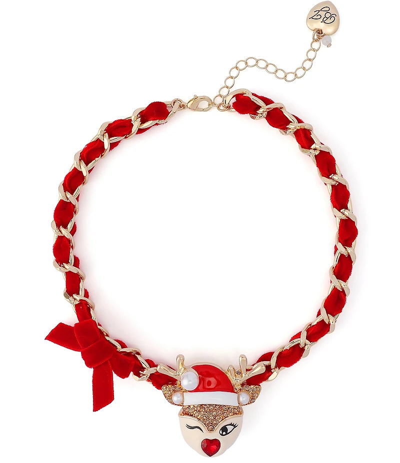 Betsey Johnson Santa Baby Christmas Reindeer Bow Short Pendant Necklace