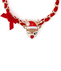 Betsey Johnson Santa Baby Christmas Reindeer Bow Short Pendant Necklace