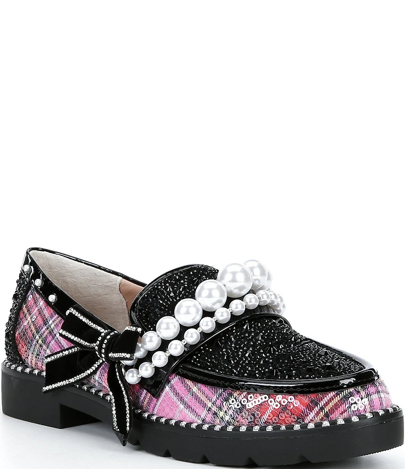 Betsey Johnson Shiloh Pearl Embellished Plaid Print Loafers
