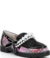 Betsey Johnson Shiloh Pearl Embellished Plaid Print Loafers