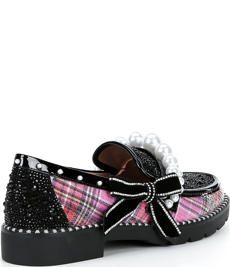 Betsey Johnson Shiloh Pearl Embellished Plaid Print Loafers