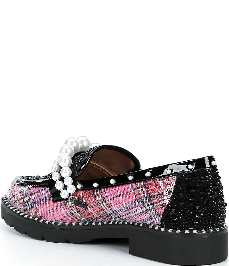 Betsey Johnson Shiloh Pearl Embellished Plaid Print Loafers