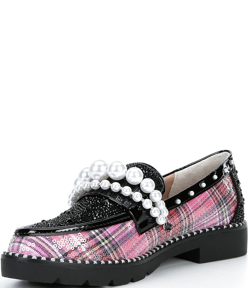 Betsey Johnson Shiloh Pearl Embellished Plaid Print Loafers