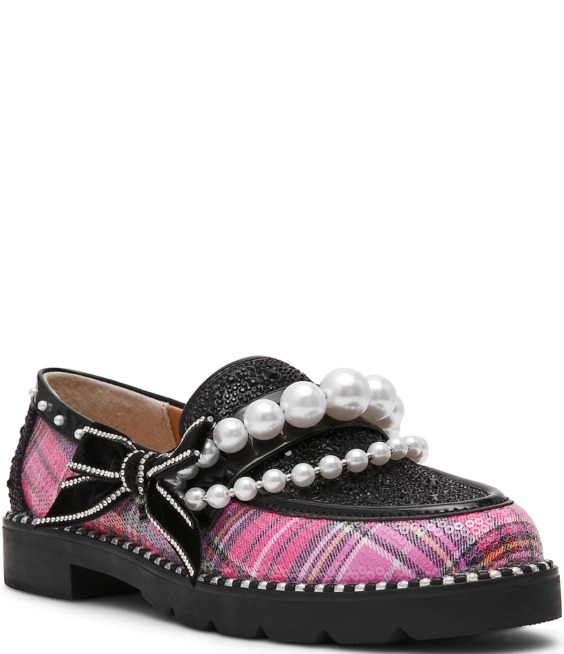 Betsey Johnson Shiloh Pearl Embellished Plaid Print Loafers