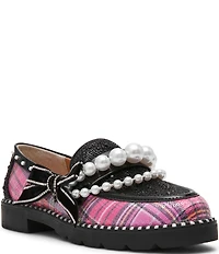 Betsey Johnson Shiloh Pearl Embellished Plaid Print Loafers