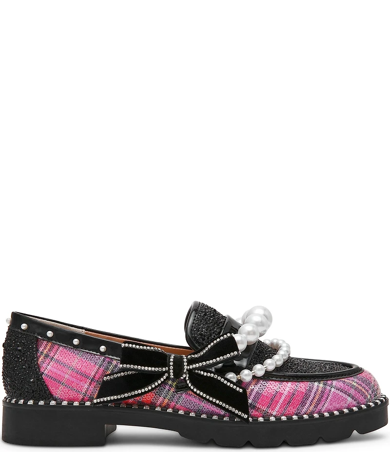 Betsey Johnson Shiloh Pearl Embellished Plaid Print Loafers