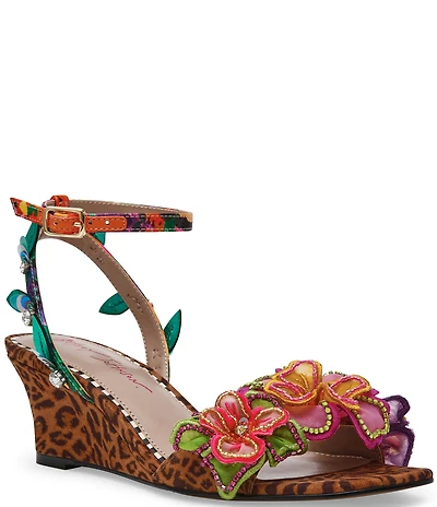 Betsey Johnson Spenser Beaded Floral Ankle Wrap Wedge Dress Sandals
