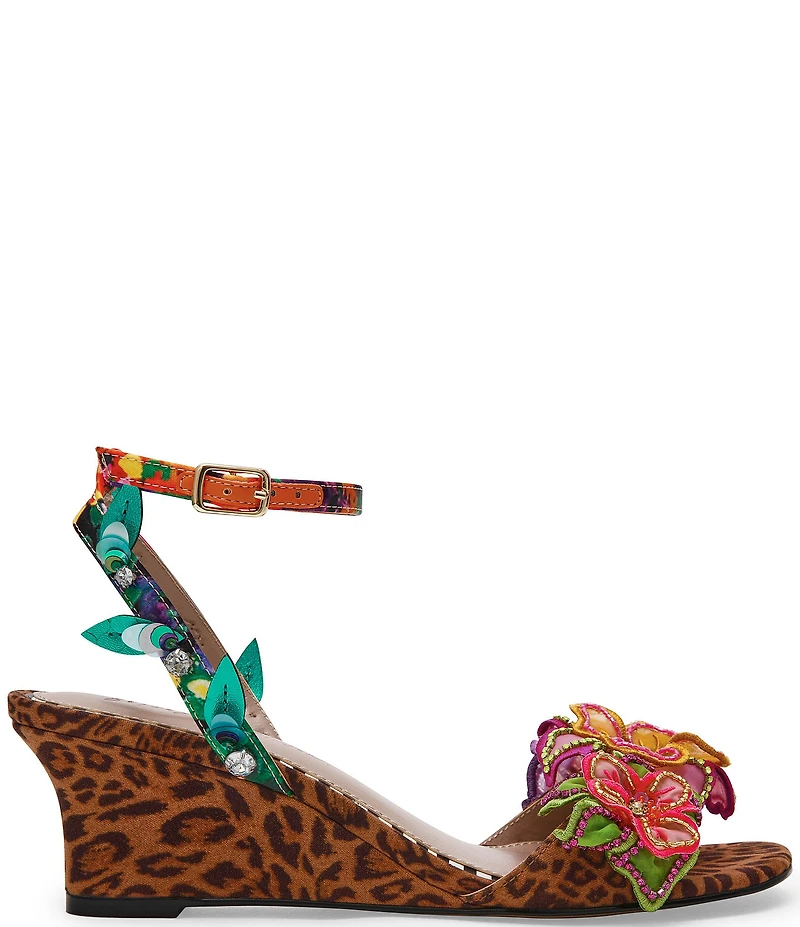 Betsey Johnson Spenser Beaded Floral Ankle Wrap Wedge Dress Sandals