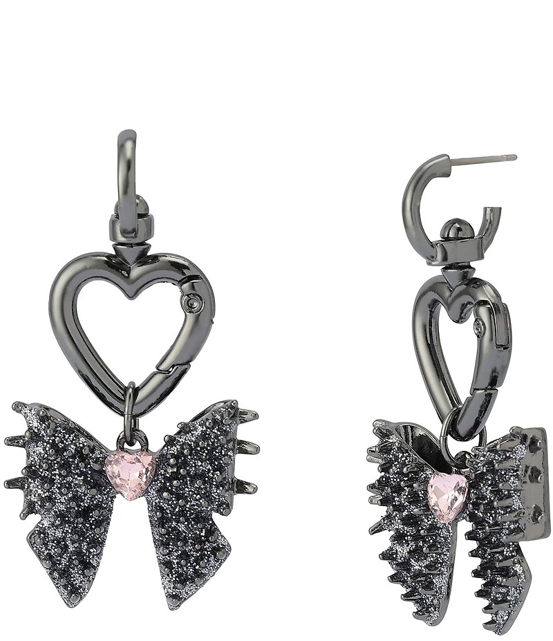 Betsey Johnson Spiky Bow & Heart Huggie Hoop Drop Earrings