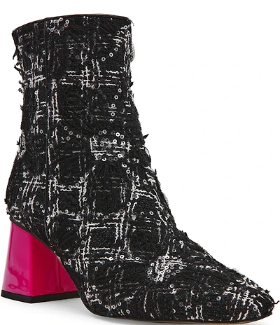 Betsey Johnson Stevie Boucle Sequin Embellished Block Heel Booties
