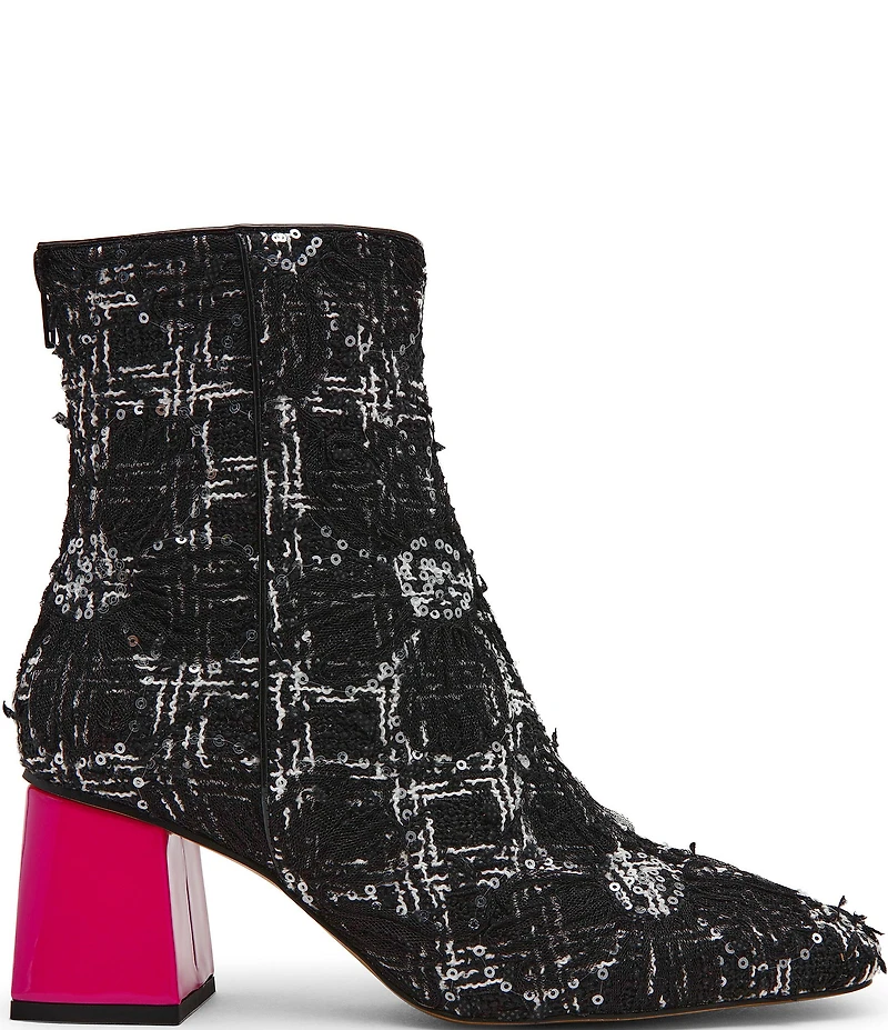 Betsey Johnson Stevie Boucle Sequin Embellished Block Heel Booties
