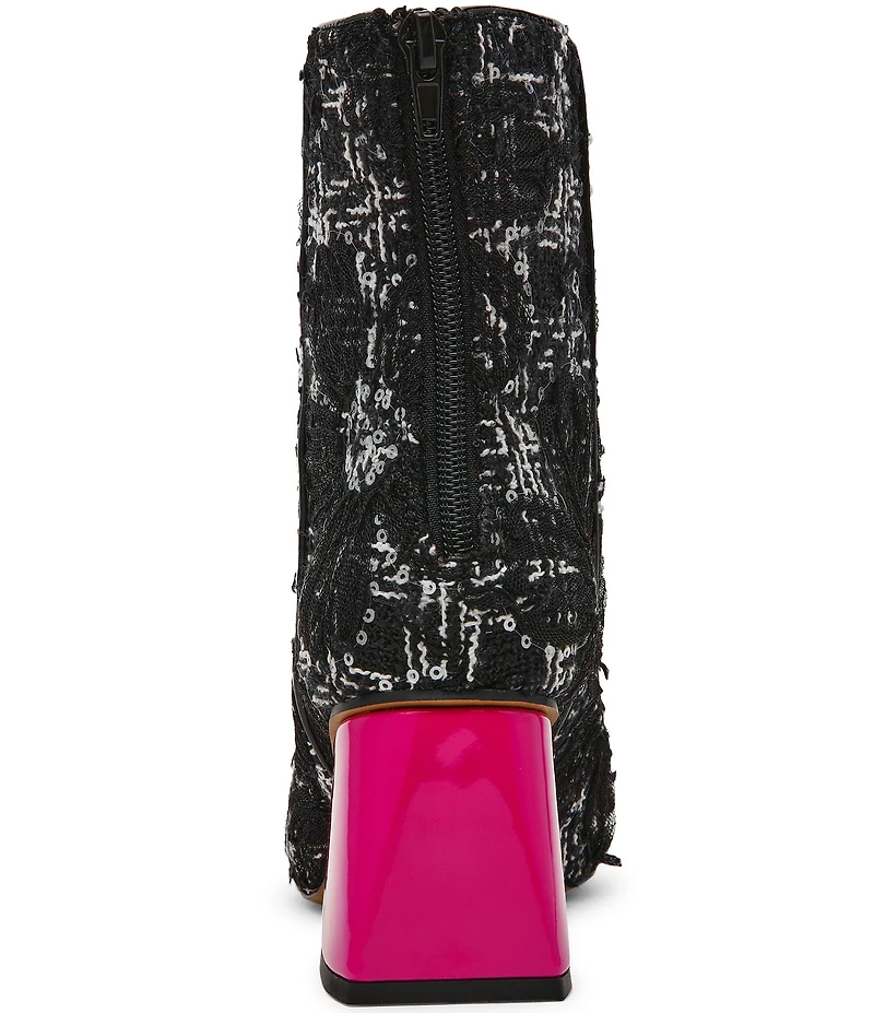 Betsey Johnson Stevie Boucle Sequin Embellished Block Heel Booties
