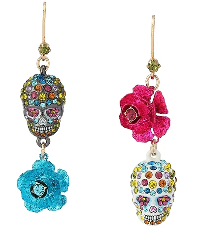 Betsey Johnson Sugar Skull Flower Mismatch Linear Earrings