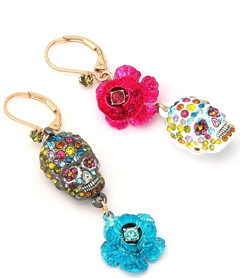 Betsey Johnson Sugar Skull Flower Mismatch Linear Earrings
