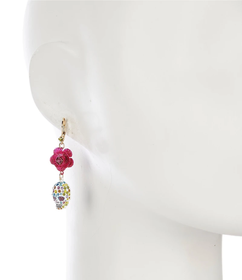 Betsey Johnson Sugar Skull Flower Mismatch Linear Earrings