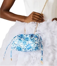 Betsey Johnson Toile Beaded Handle Drawstring Pouch Shoulder Bag