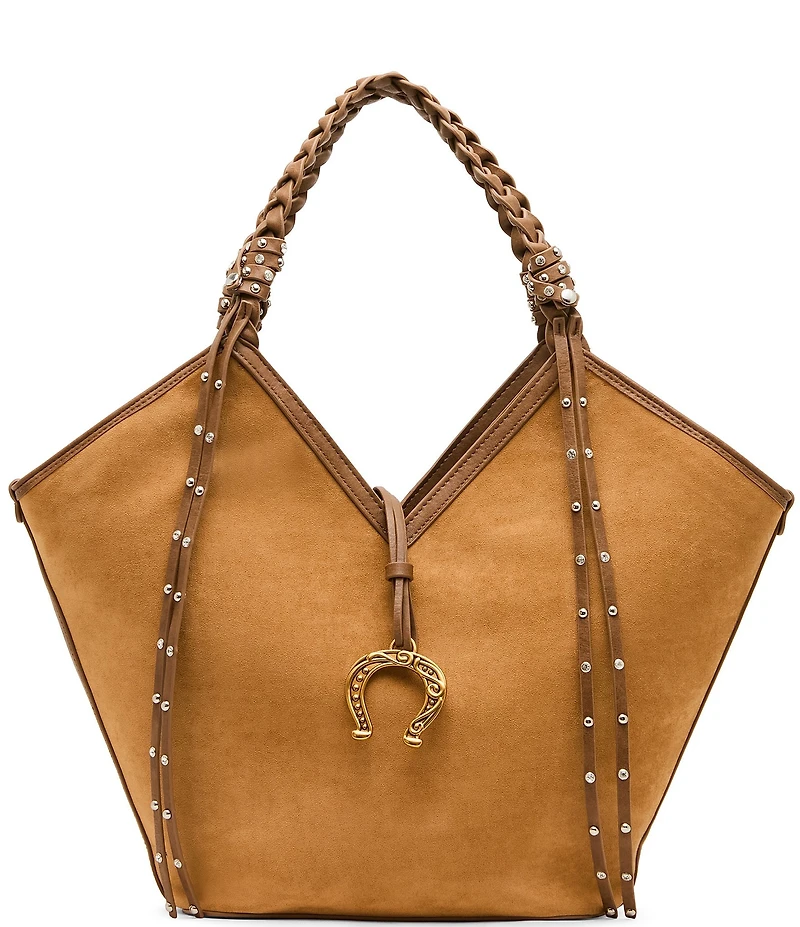 Betsey Johnson Tulip Suede Horseshoe Charm Studded Fringe Tote Bag