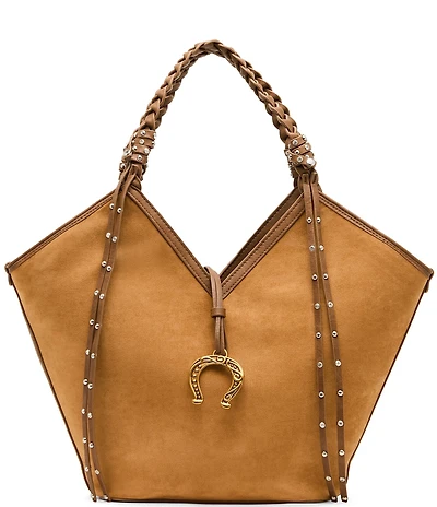 Betsey Johnson Tulip Suede Horseshoe Charm Studded Fringe Tote Bag