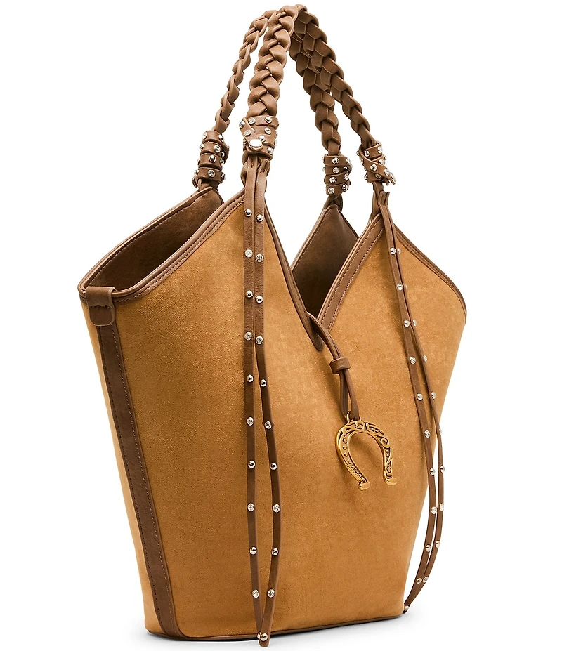 Betsey Johnson Tulip Suede Horseshoe Charm Studded Fringe Tote Bag