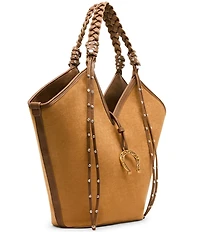 Betsey Johnson Tulip Suede Horseshoe Charm Studded Fringe Tote Bag