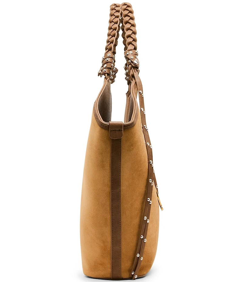 Betsey Johnson Tulip Suede Horseshoe Charm Studded Fringe Tote Bag