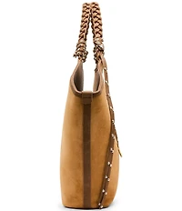 Betsey Johnson Tulip Suede Horseshoe Charm Studded Fringe Tote Bag
