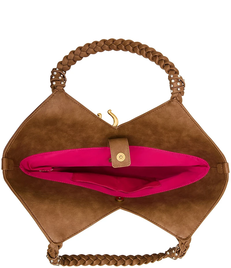 Betsey Johnson Tulip Suede Horseshoe Charm Studded Fringe Tote Bag