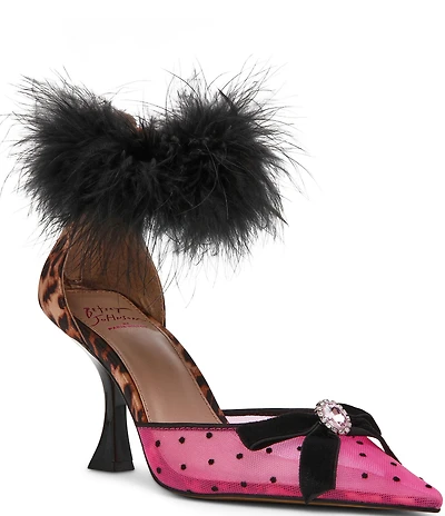 Betsey Johnson x Paris Hilton Cherie Polka Dot Mesh Feather Ankle Strap Pumps