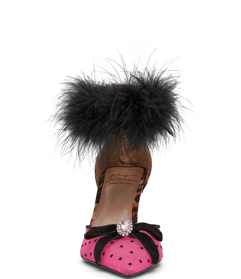 Betsey Johnson x Paris Hilton Cherie Polka Dot Mesh Feather Ankle Strap Pumps
