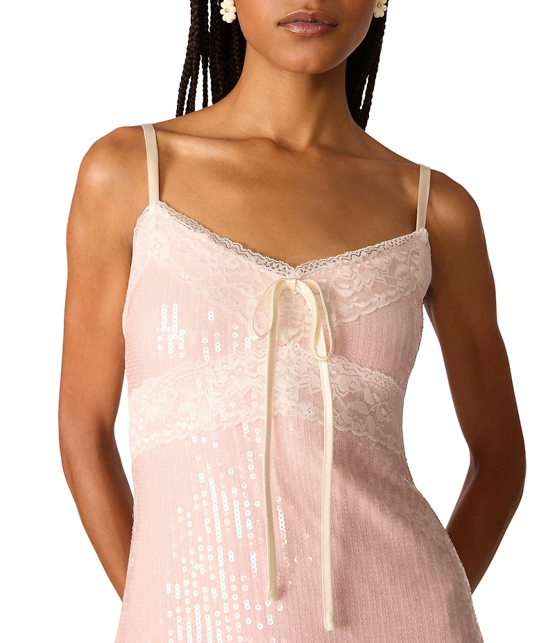 Betsey Johnson x Paris Hilton Sequin Embellished Lace Trim V-Neck Tie Front Dress