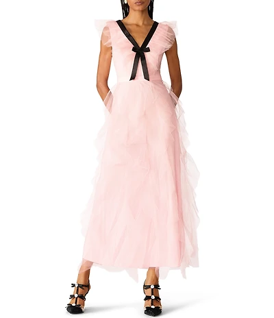 Betsey Johnson x Paris Hilton V-Neck Bow Front Cascading Ruffle Tulle Dress