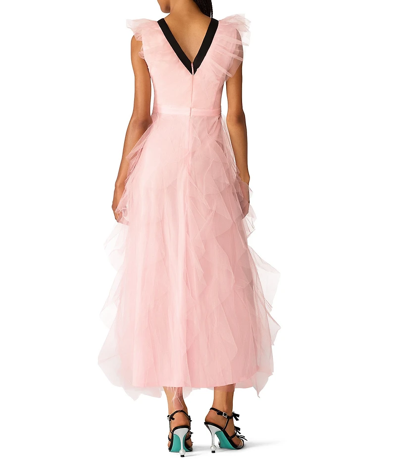Betsey Johnson x Paris Hilton V-Neck Bow Front Cascading Ruffle Tulle Dress