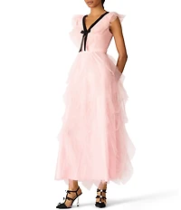 Betsey Johnson x Paris Hilton V-Neck Bow Front Cascading Ruffle Tulle Dress