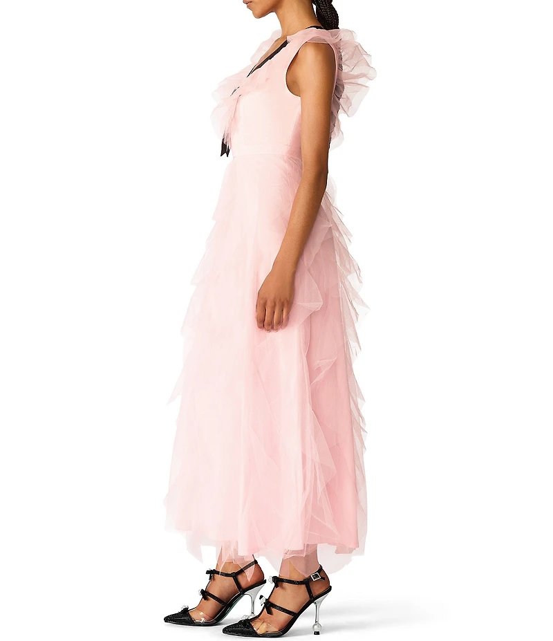 Betsey Johnson x Paris Hilton V-Neck Bow Front Cascading Ruffle Tulle Dress