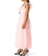 Betsey Johnson x Paris Hilton V-Neck Bow Front Cascading Ruffle Tulle Dress