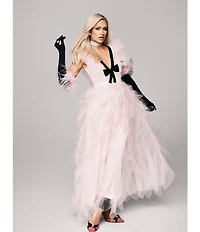 Betsey Johnson x Paris Hilton V-Neck Bow Front Cascading Ruffle Tulle Dress