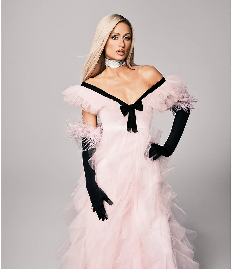 Betsey Johnson x Paris Hilton V-Neck Bow Front Cascading Ruffle Tulle Dress