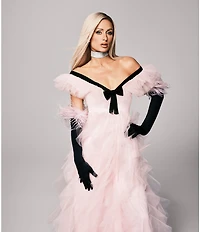 Betsey Johnson x Paris Hilton V-Neck Bow Front Cascading Ruffle Tulle Dress