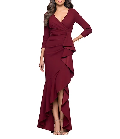 Betsy & Adam 3/4 Sleeve Ruffle Front Scuba Crepe Dress