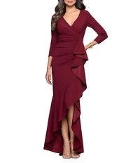 Betsy & Adam 3/4 Sleeve Ruffle Front Scuba Crepe Dress