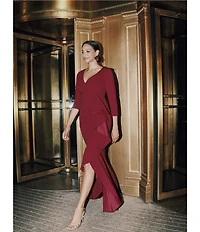 Betsy & Adam 3/4 Sleeve Ruffle Front Scuba Crepe Dress